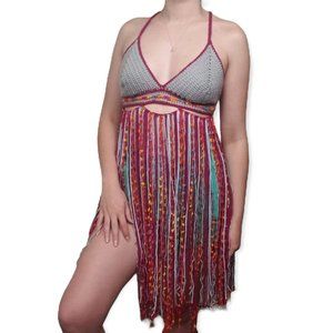 Handmade Crochet Festival Top size M/L Boho Tassel Fringe Corset Back Gray Red